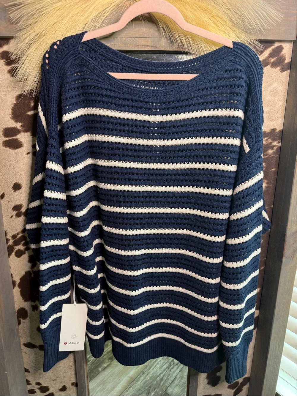 lululemon athletica Navy and White Striped Open-Weave Crew Sweater
